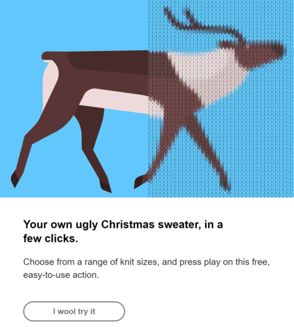 Image showing the Photoshop action of an ugly sweater from Adobe that turns half a reindeer image into an ugly sweater pattern.