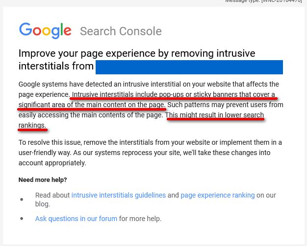 Google Search Console notices for removing intrusive interstitials