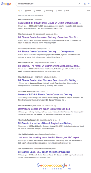 Google search results spam for ‘Bill Slawski obituary’ shows the dark side of SEO