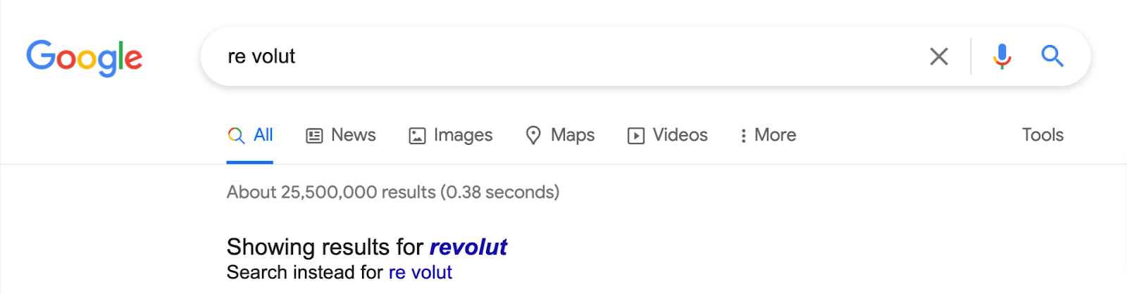 Misspelling of "revolt" like "re volume";  Google autocorrects term and indicates it'll show results for the name with the correct spelling