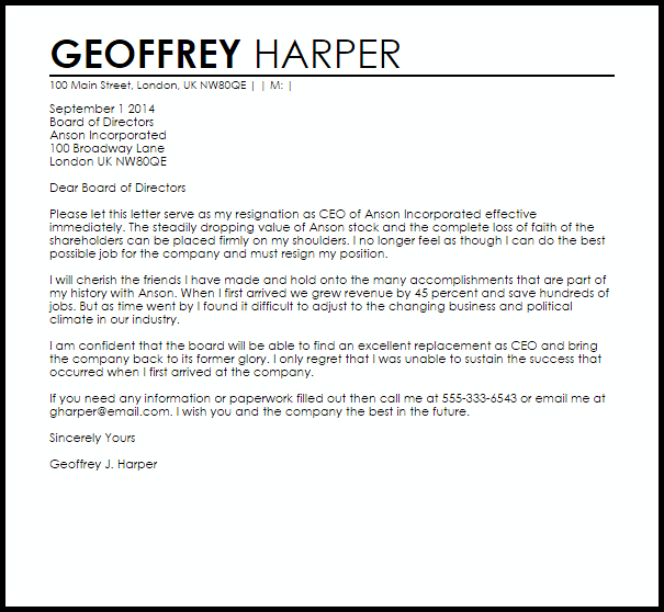 Example of resignation letter: executive ceo