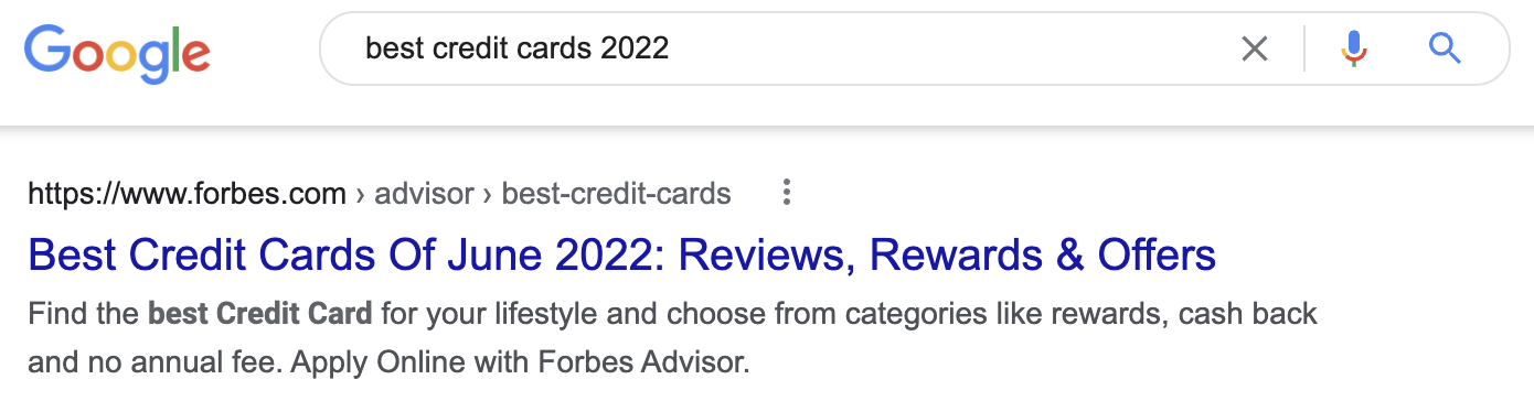 Top result for "Best credit cards 2022"
