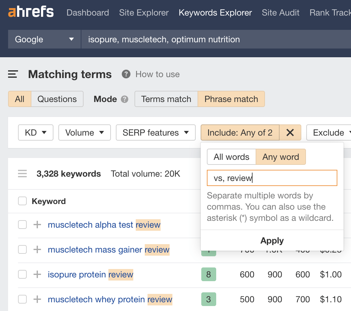 filtering for "vs" other "review" keywords in Keywords Explorer