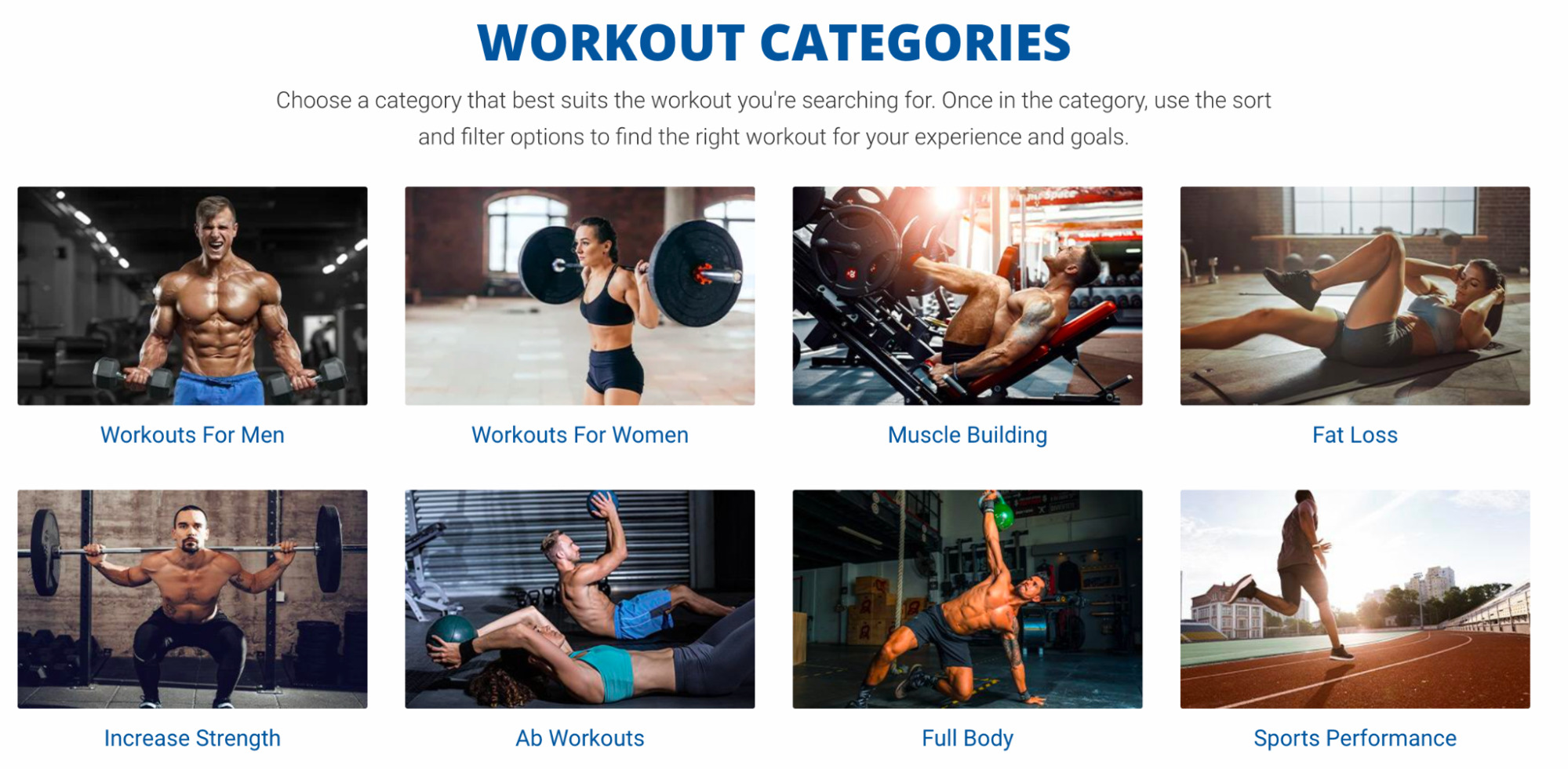 Workout categories (in grid format)