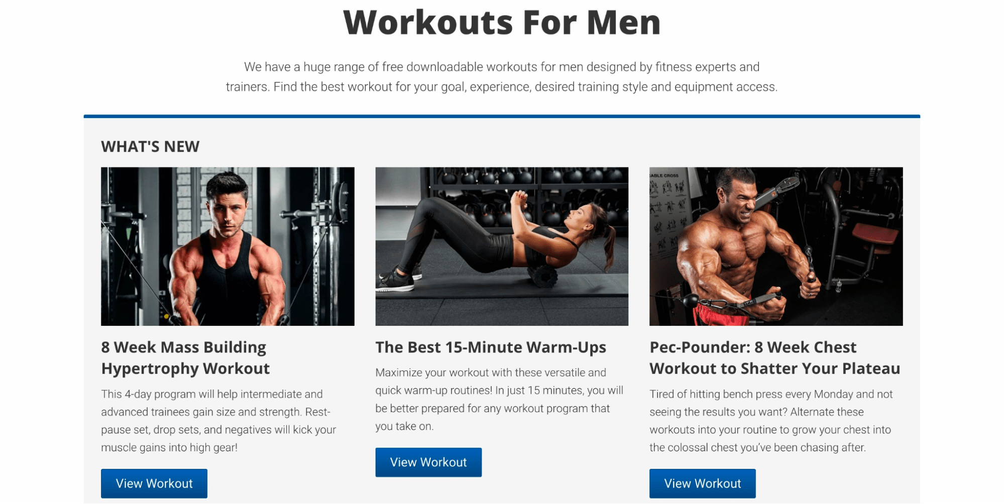 Types of workouts for men (in grid format)