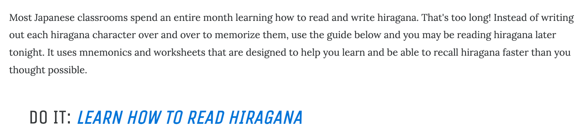 CTA encourage user to head to the next task of learning to read hiragana