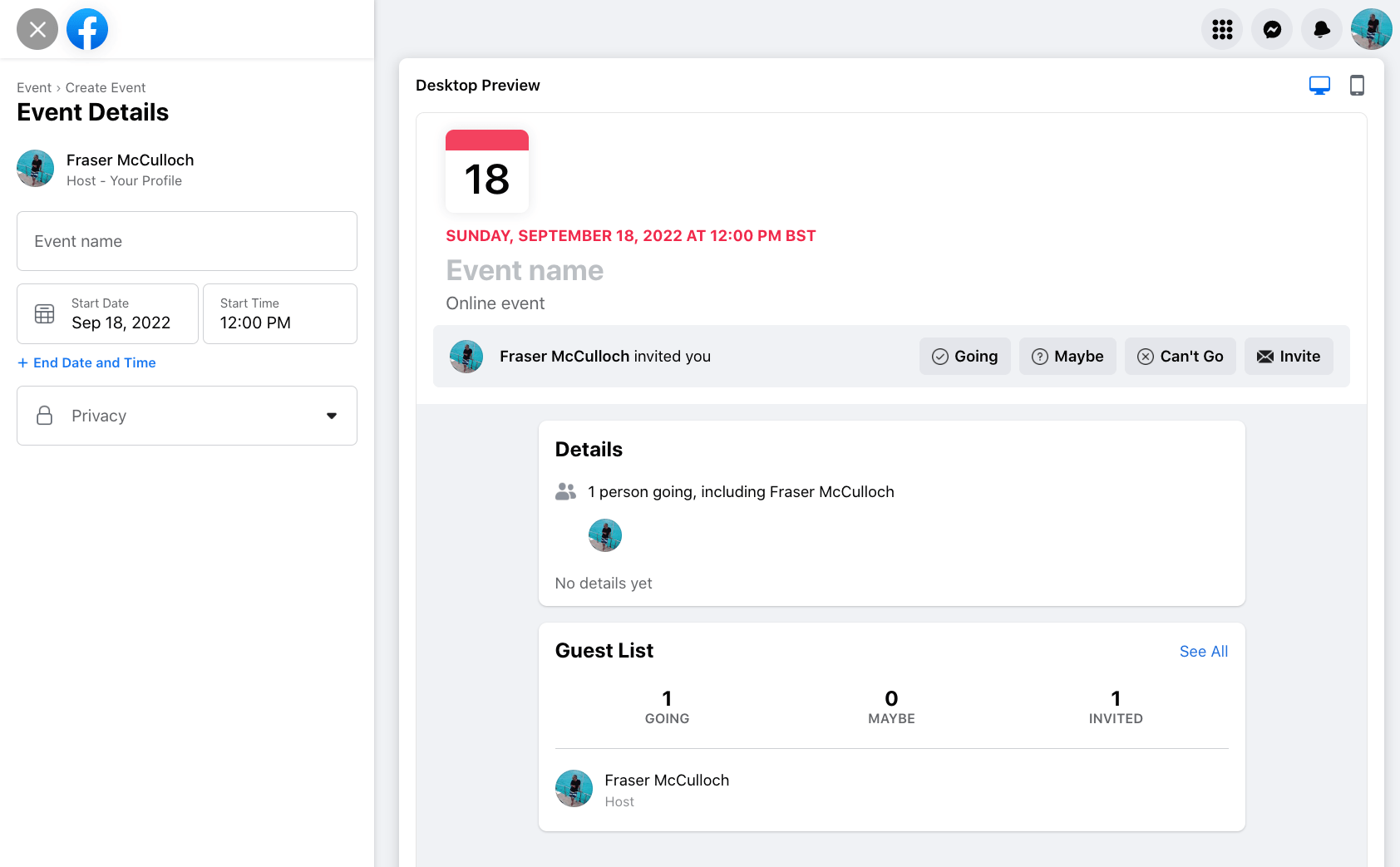 Entering event details on Facebook Event