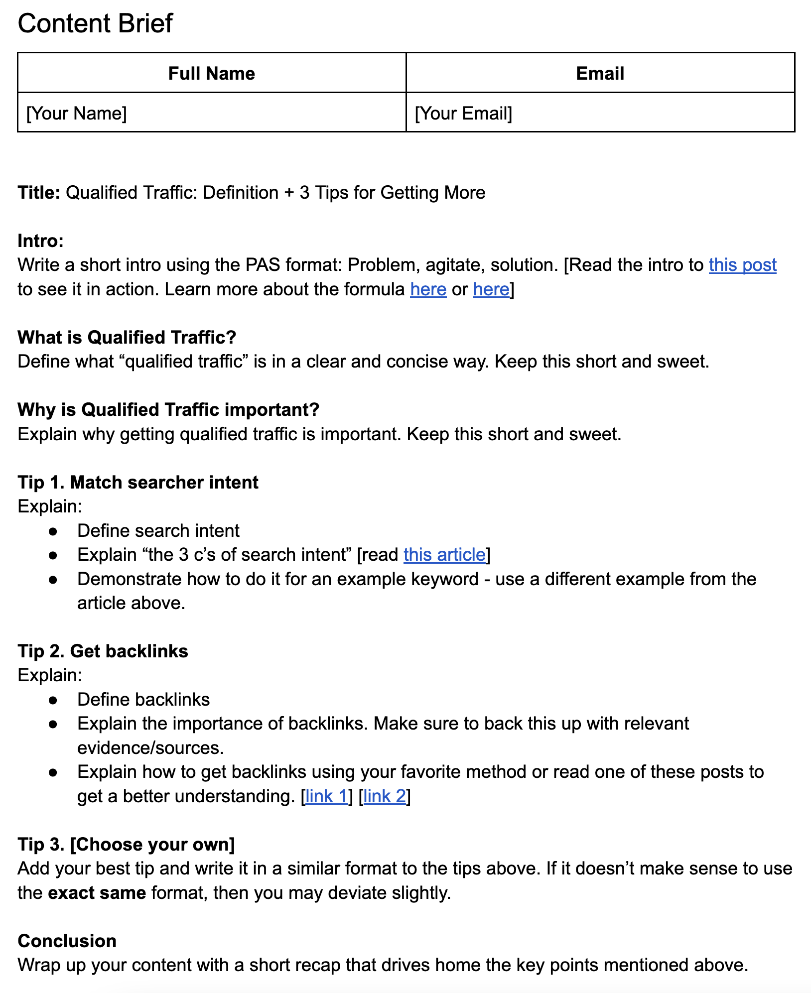 Our content brief for writers