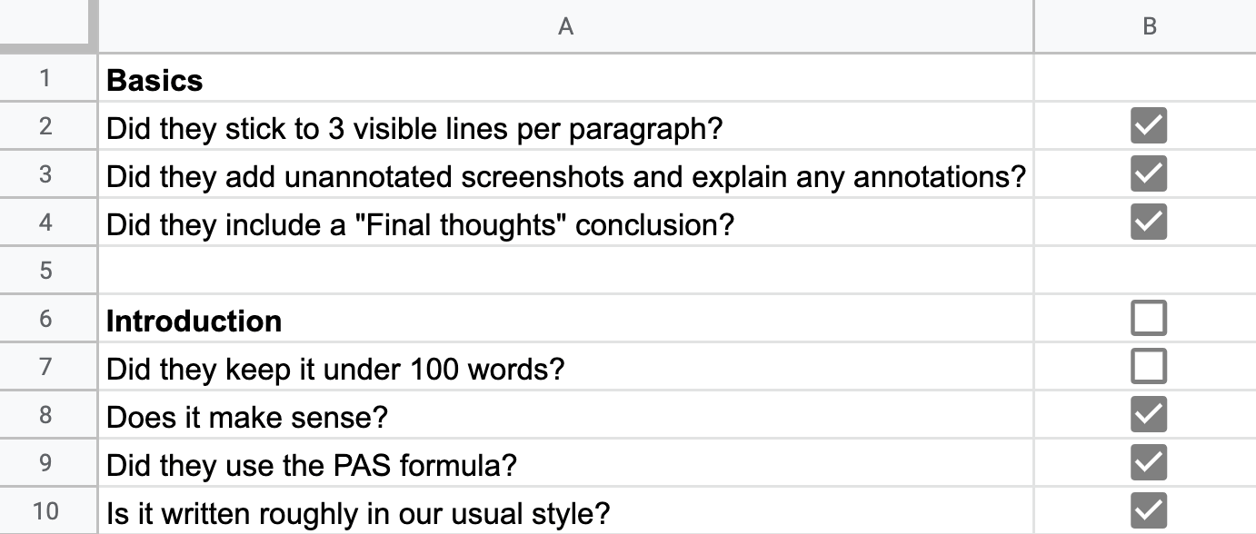 Our content checklist for vetting submissions