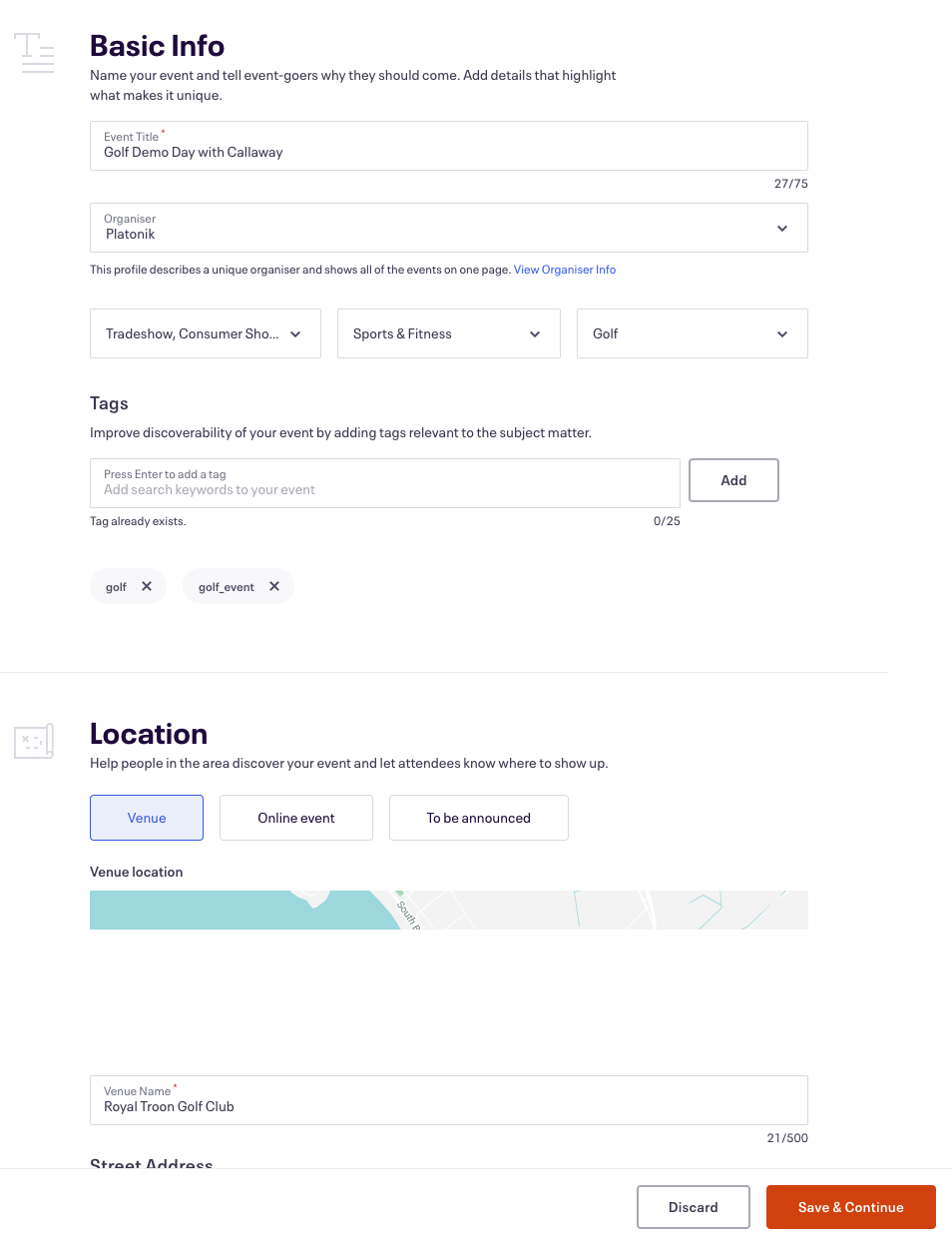 Adding an event on eventbrite.com