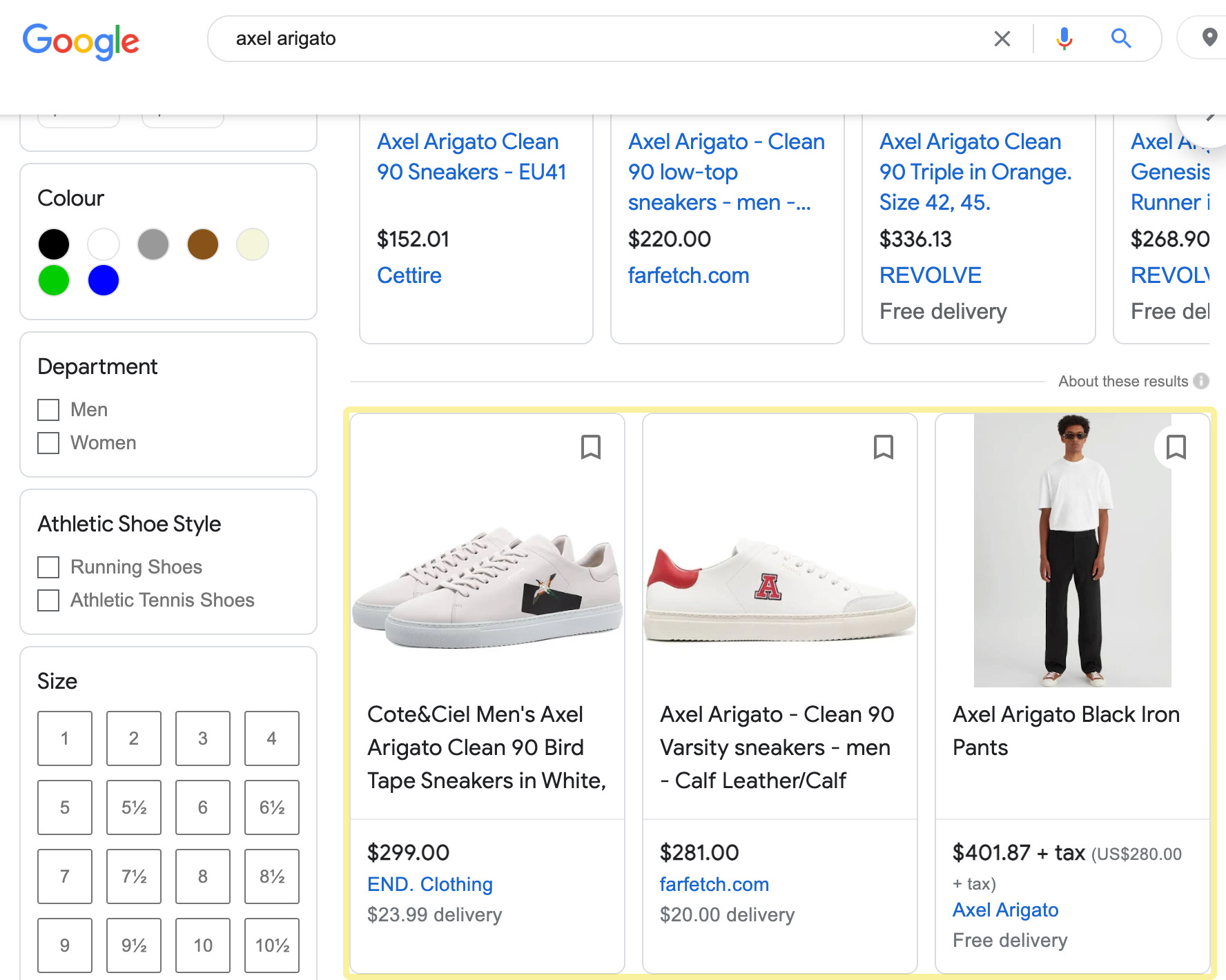 Google Shopping's organic results for the query, "axel arigato"