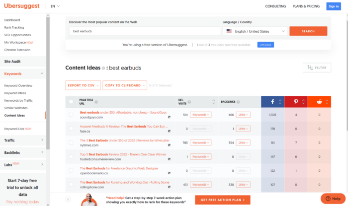 A screenshot of Ubersuggest's webpage showingcasing content ideas for the keyword "best earbuds."