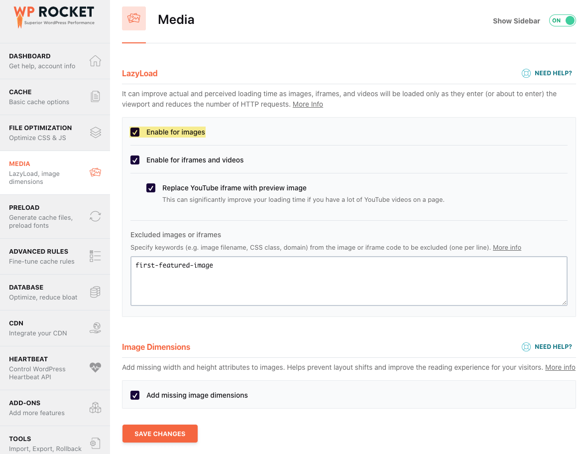 WP Rocket lazy load screenshot
