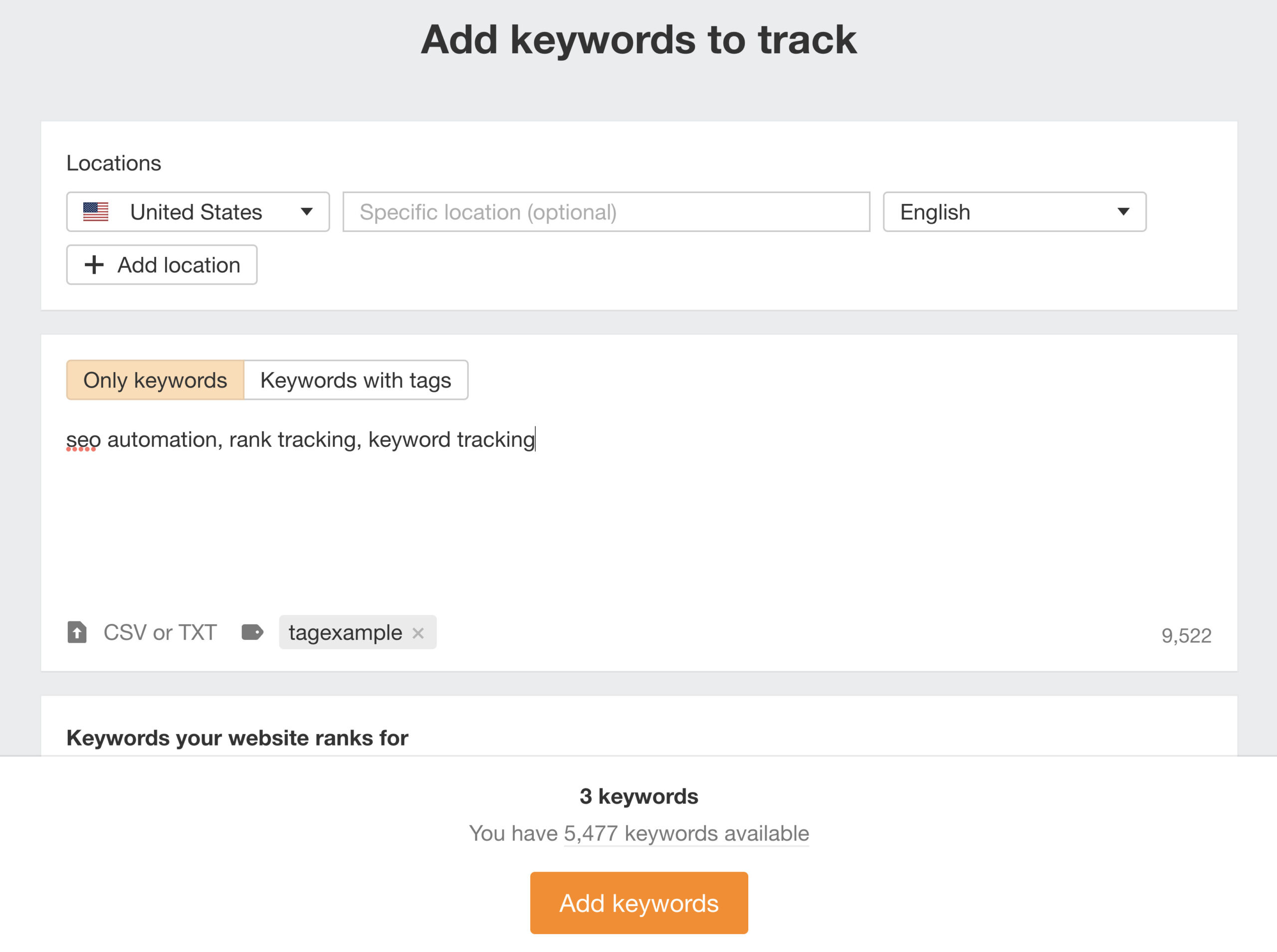 Adding keywords to Ahrefs' Rank Tracker