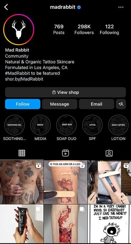 A screenshot of the Mad Rabbit tattoo Instagram page.