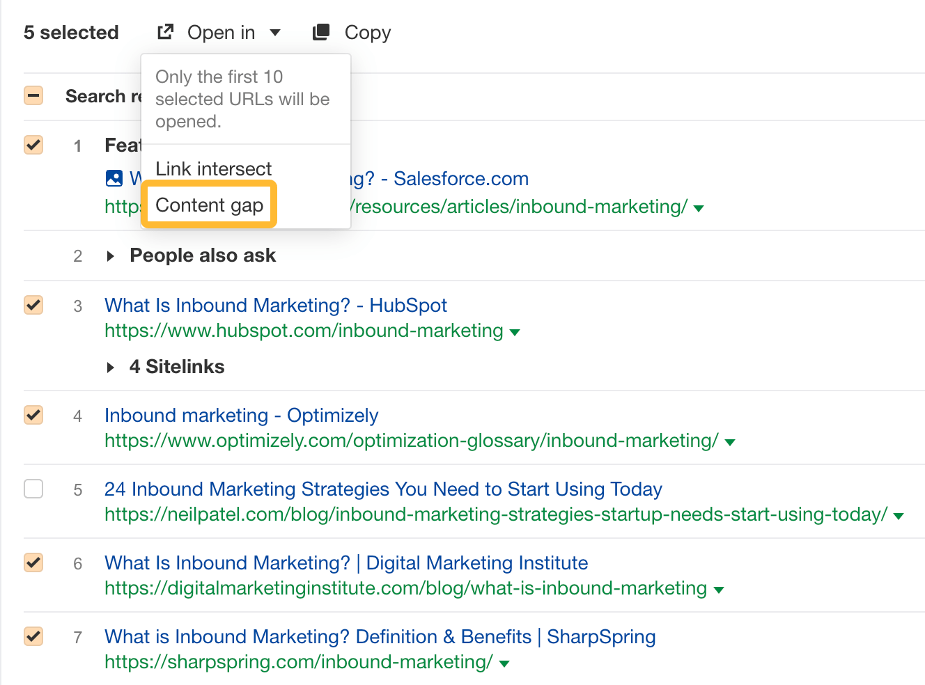 "Open in content gap" feature in Ahrefs' Keywords Explorer