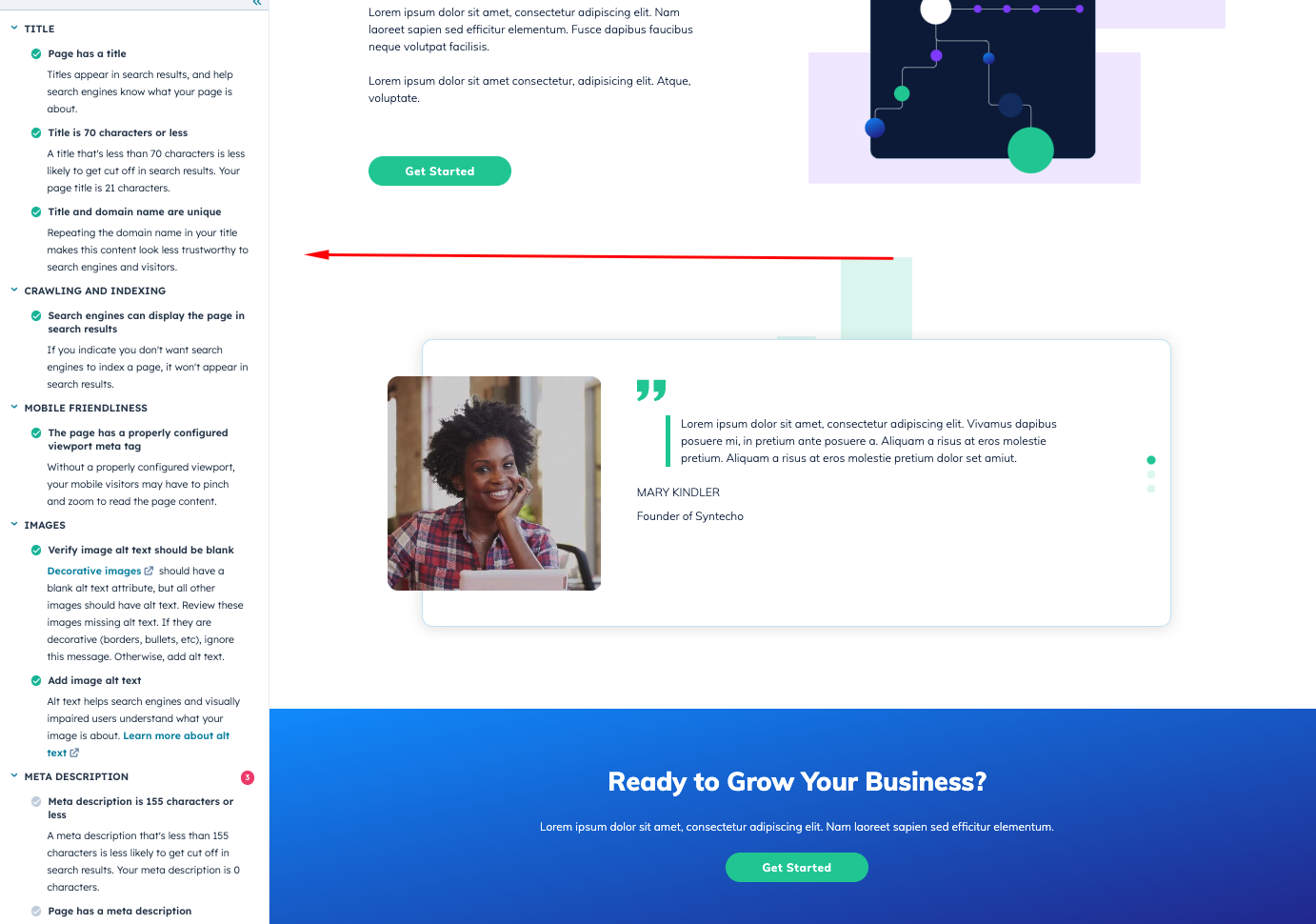 Optimization recommendations built into the CMS page editor