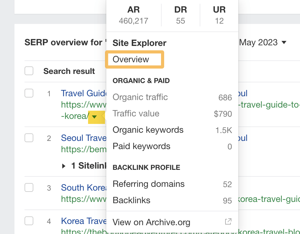 Drop-down menu in SERP overview, via Ahrefs' Keywords Explorer