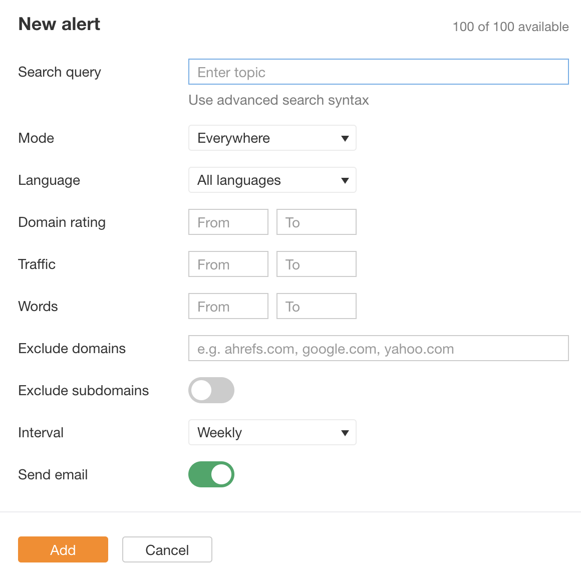 Form to create new alert, via Ahrefs Alerts