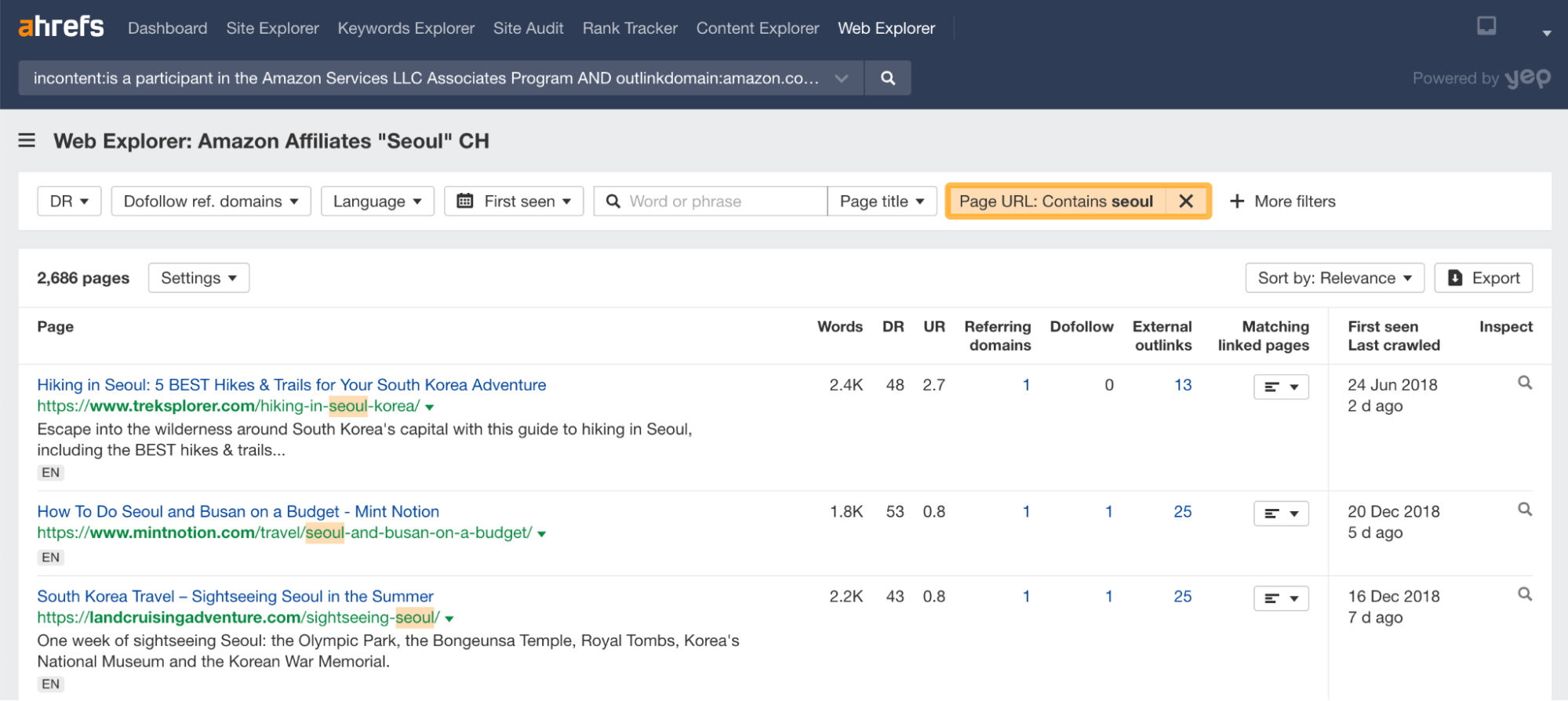 List of Amazon Affiliate blogs, via Ahrefs' Web Explorer