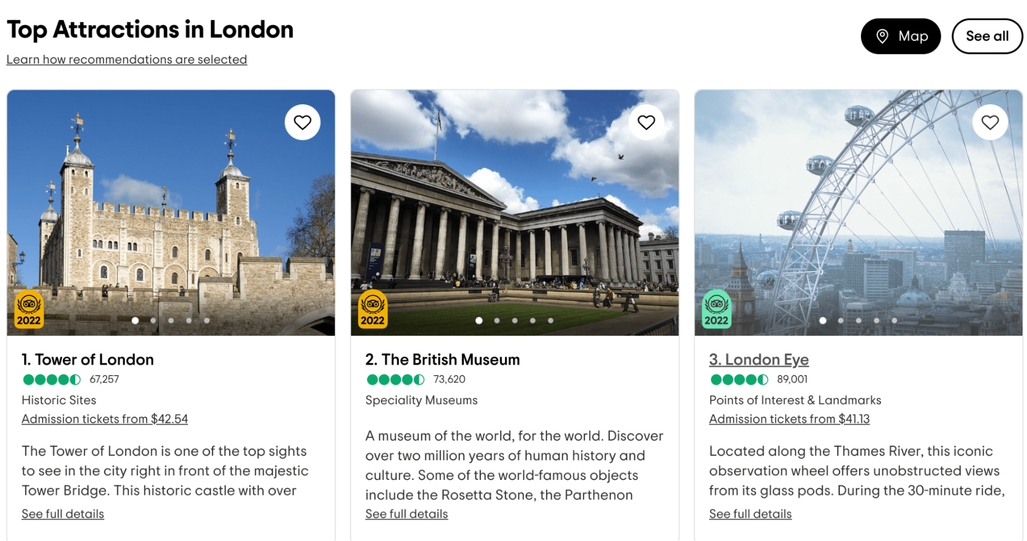 Top attractions in London, via Tripadvisor