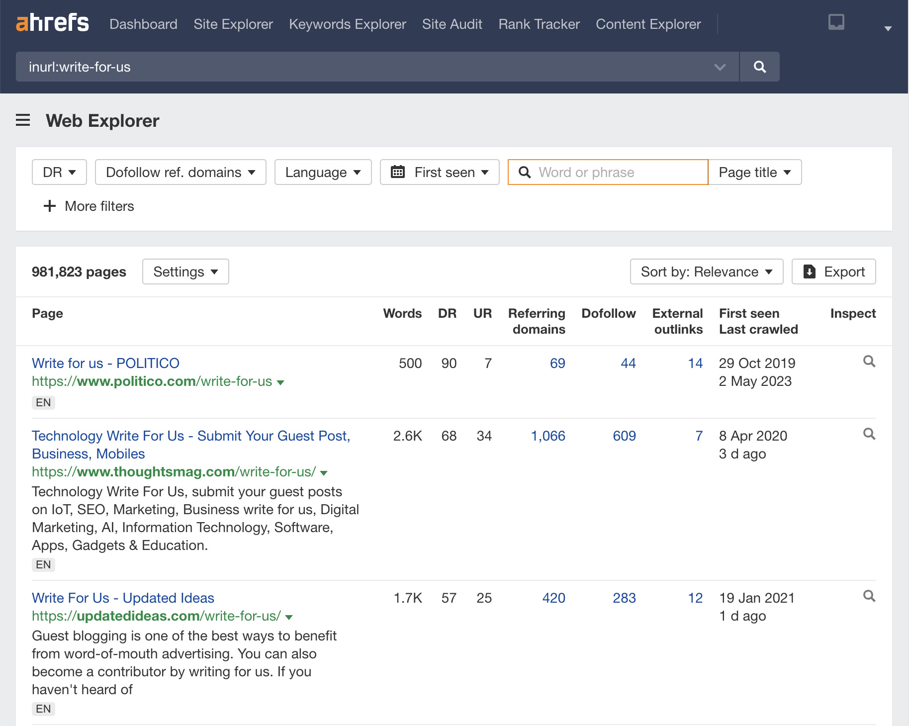 Search operator used to find websites asking for guest contributors, via Ahrefs' Web Explorer