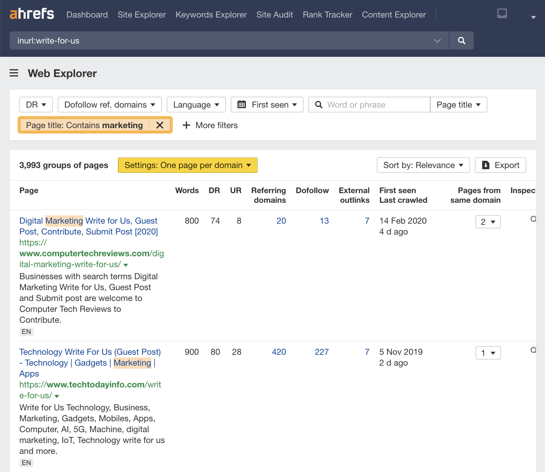 Search operator and "page title" filter used to find websites asking for guest contributors, via Ahrefs' Web Explorer