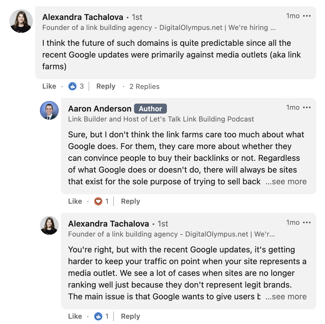 Interaction between Alexandra Tachalova and Aaron Anderson in LinkedIn comments