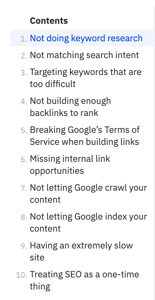 Table of content example, via Ahref's blog
