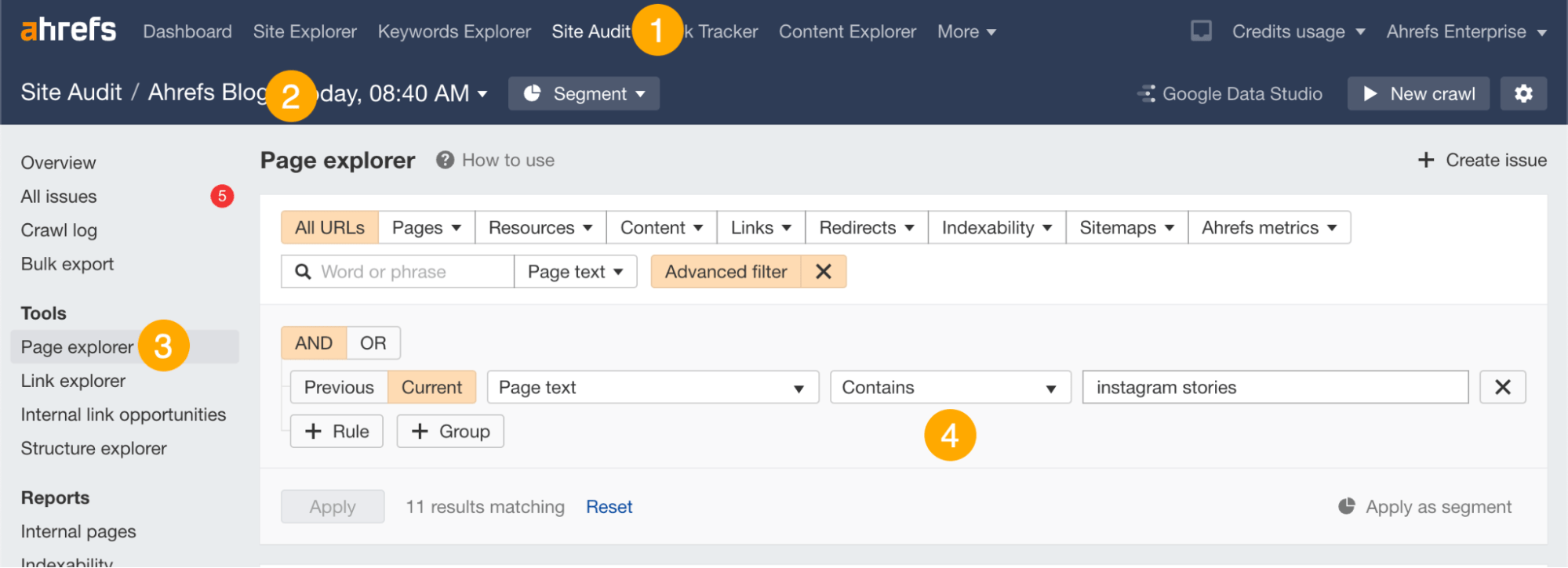 Find a relevant place for your link with Page Explorer, via Ahrefs' Site Audit