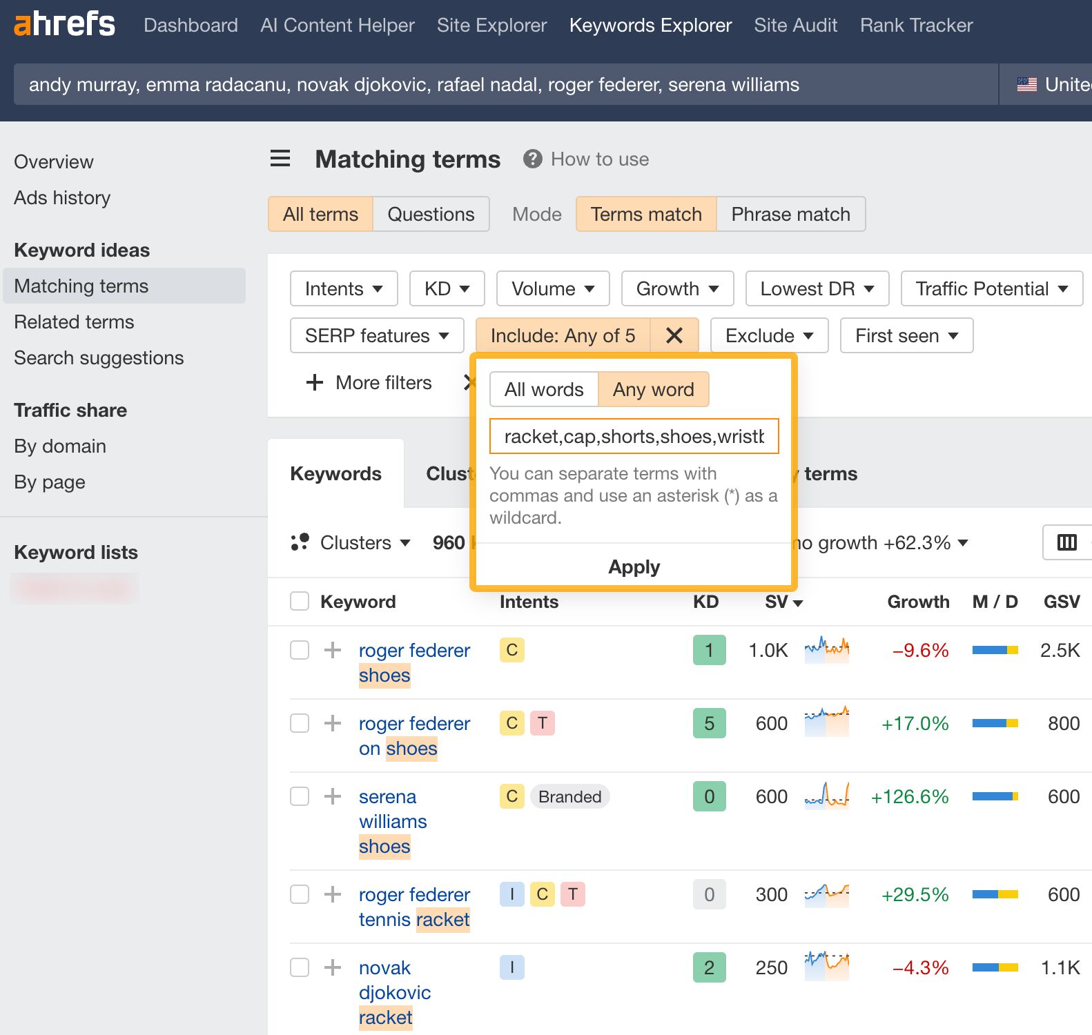 Keywords related to equipment used by tennis professionals