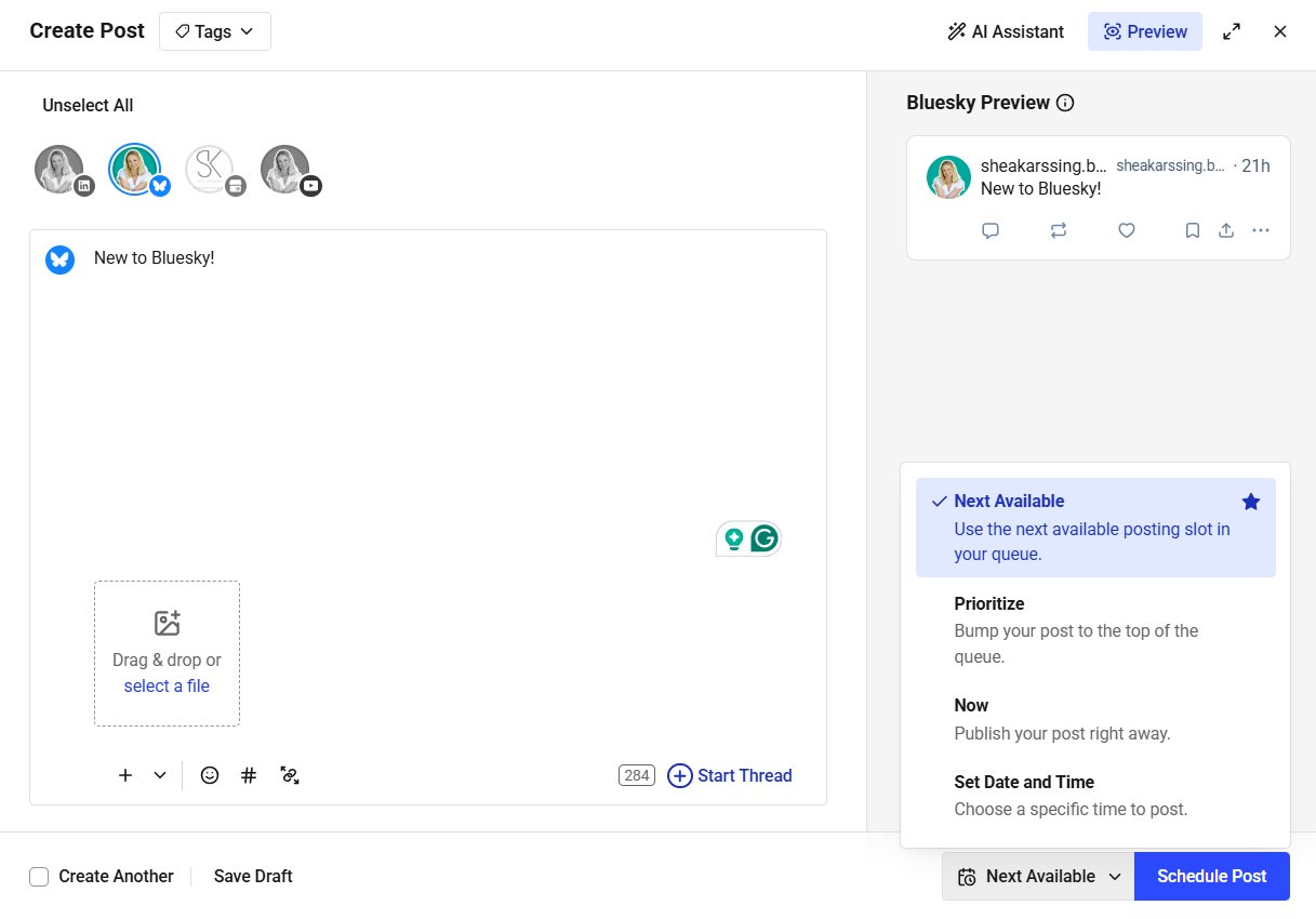 The Buffer Scheduling options menu shows Next Available, Prioritize, Now, and Set Date and Time to schedule Bluesky posts from the Create Post screen.
