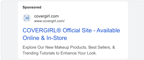 Sponsored COVERGIRL makeup ad with a headline promoting online and in-store availability and copy highlighting new products and tutorials.