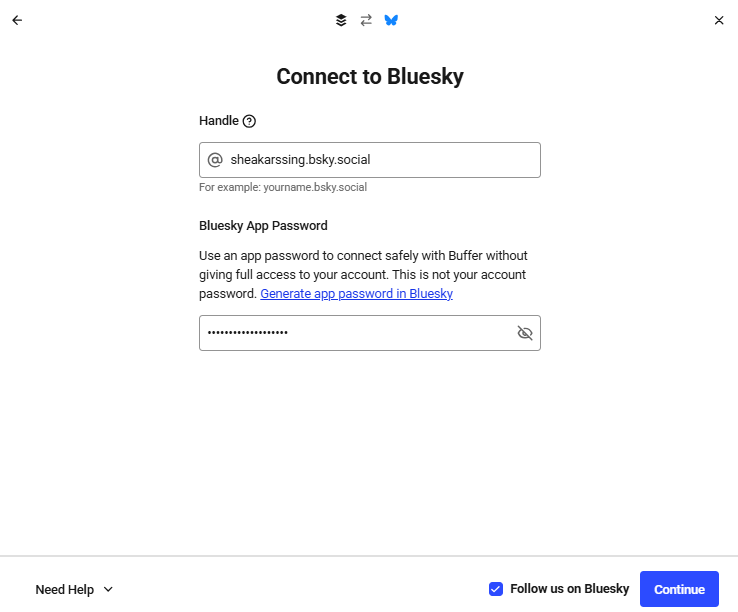 Buffer Connect to Bluesky screen with handle and app password entered, showing how to schedule Bluesky posts by linking a Bluesky account.