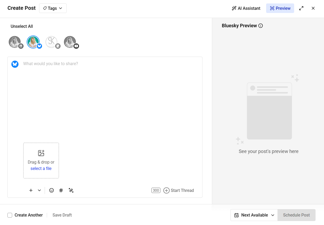 Create Buffer Post screen with Bluesky selected, showing the composer and preview window to schedule Bluesky posts in advance.