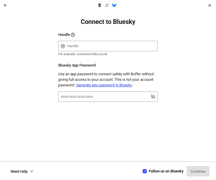 The Buffer Connect to Bluesky screen with handle and app password fields shows how to connect Bluesky to Buffer using a Bluesky app password.
