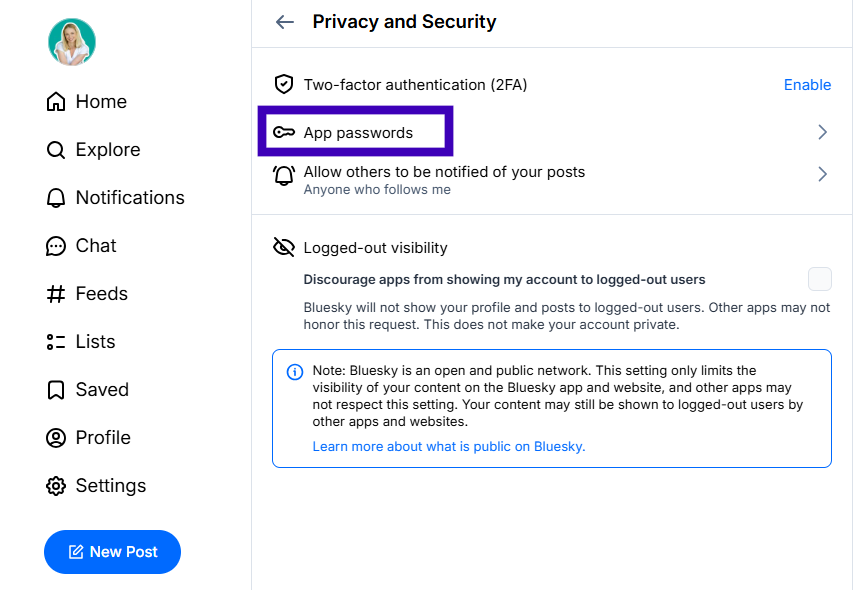 The Bluesky privacy and security settings page highlights the “App Passwords” option to generate an app password to connect Bluesky to Buffer.
