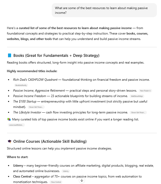 A ChatGPT answer about passive income.