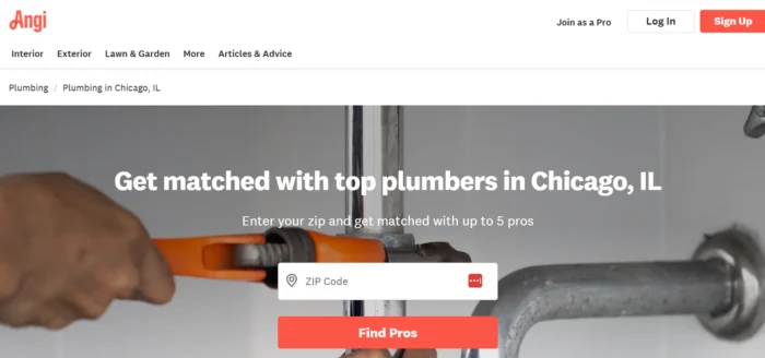 An Angi landing page dedicated to Chicago plumbers.