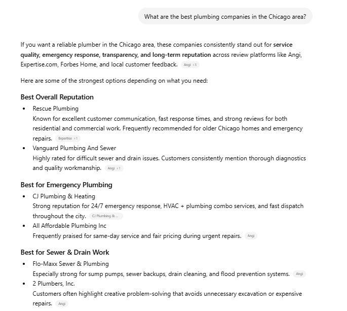 A ChatGPT query on the best plumbing companies in the Chicago area.