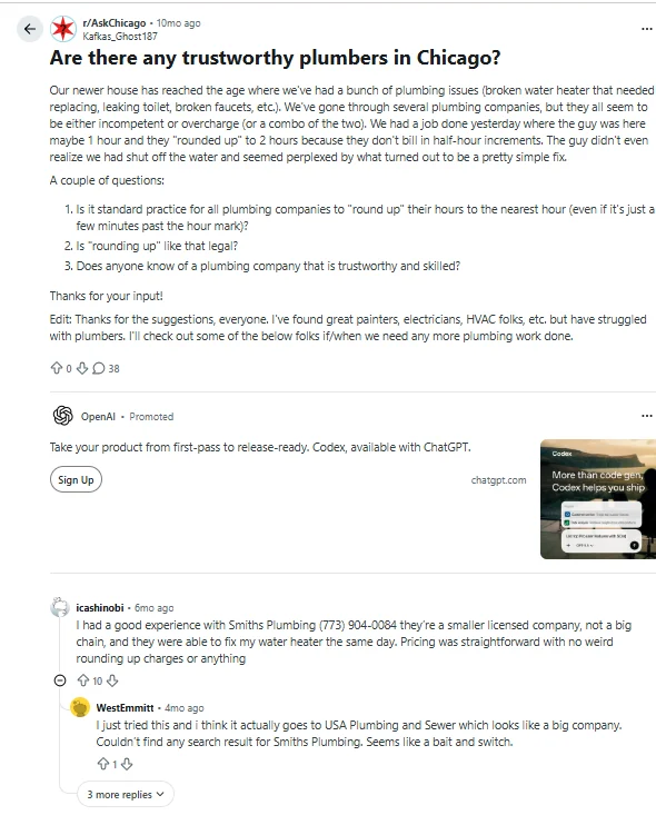 A Reddit post about plumbers in Chicago with answers.